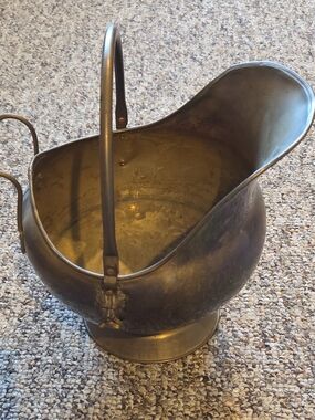 Vintage Brass Coal Scuttle with Ceramic Handle-Decorative Collectible